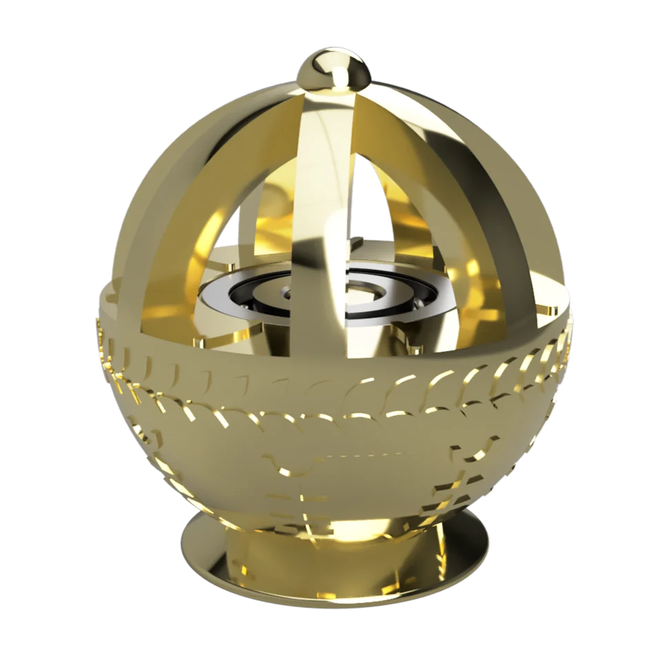 CAD render of a gold sphere with an open cage top around a bearing, on a round base.