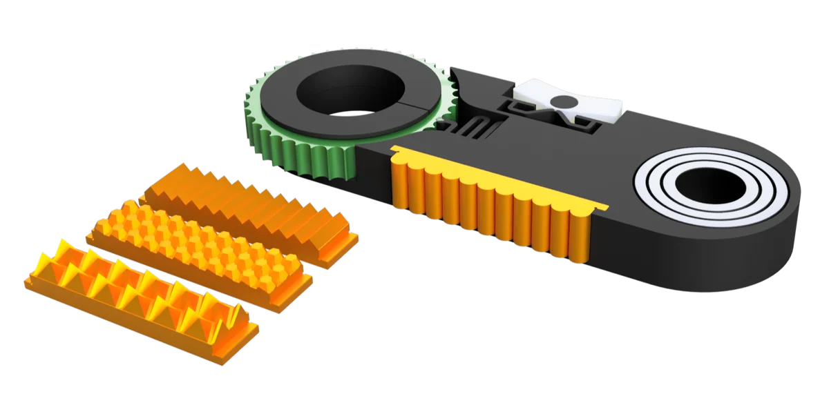 CAD render of a black fidget with a green gear ring, a rocker switch, a bearing and three orange texture strips that swap in and out.