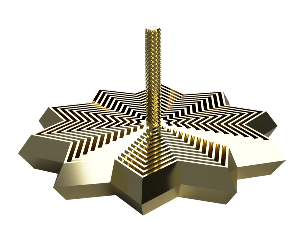 CAD render of a gold spinning top with a stepped zigzag body and a knurled stem.